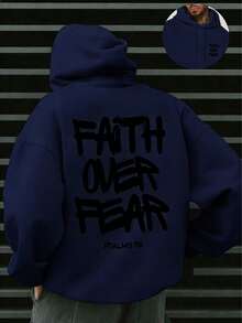 Faith Over Fear, Letter Print Pocket Hoodie, Men's Casual Long-Sleeve Drawstring Style, Autumn & Winter New-Unisex Loose-Fit Hooded Sweatshirt-K88 - 藏蓝色 - 查看 14