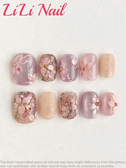 10 Pcs Handcrafted Acrylic Press On Nails,Short Nails,Squoval Nails,Pink Nails,Yellow Nails,Gentle Sweet,Pearl, Powder,3d Nails,Hand Painted,Floral Nail,Cute Nails,Cheap,Nail Supplies,Reusable Nail Set With Nail Tools,Summer,Spring,Ideal For Daily Commute, Party & Office Gifts