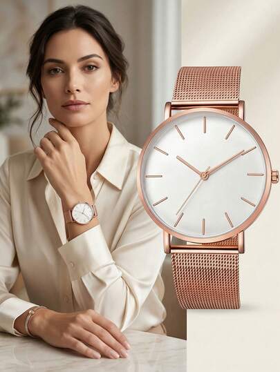 1款男女通用玫瑰金白色不锈钢石英腕表，时尚商务风格，白色表盘，玫瑰金指针和刻度，适合日常佩戴、商务场合、休闲场合，可作为生日礼物、圣诞礼物、周年纪念礼物、母亲节礼物、节日礼物送给他/她。