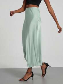 Se-Helo Women's Fashion All-Season Satin Elastic Waist Maxi Skirt Spring - Light Green - View 4