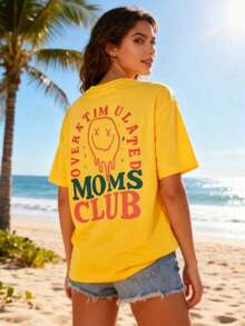 1pcsWomen's Summer Overstimulation Mom Club Graphic Print Round Neck Short Sleeve Simple Casual Everyday Black Plus Size-Shirt Tops, Mom Birthday Grap - 黃色 - 查看 2