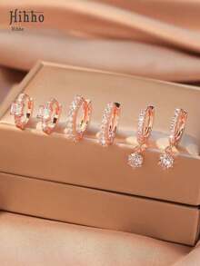 Hihho 6pcs Fashion Elegant Zirconia Inlaid Square & Circle Geometric Charm Earrings Set, Includes Round Sparkling Zirconia Pendant Earrings, Rose Gold Plated, Gift For Ladies - 玫瑰金 - 查看 12