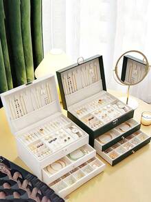 1pc Large-Capacity Three-Layer Jewelry Box,[US-Based Shipping]Pu Leather Multi-Functional Jewelry Box, Watch Box With Lock, 3-Layer Large Capacity Jewelry Storage Box,For Earrings, Rings,Watches,Bracelets And Other Accessories, Organizing And Storing - Black - View 3