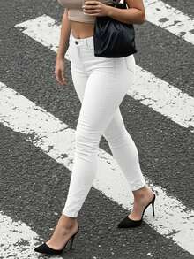 Women's Mid-Rise Stretch Denim Skinny Jeans | Booty-Lifting Slim-Fit Curvy-Fit Trousers - White - View 3