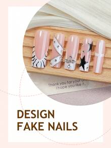 Bộ 24 miếng dán móng tay hình vuông cỡ trung bình kiểu Y2K, nền hồng phối đen trắng, họa tiết sao và chữ thập, đính đá 3D, thiết kế buộc dây. Những miếng dán móng tay phong cách Punk Goth này phù hợp cho các bữa tiệc, khiêu vũ và sử dụng hàng ngày, có thể tháo rời và tái sử dụng. - Đen và trắng - Xem 3