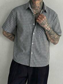 Men's Fashionable Street-Style Mesh Shirt, Loose Gray Plaid Button-Down Shirt, Loose Fit Printed Top, Combining Aesthetics And Geeky Fashion - Multicolor - View 1