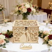 1 pieza Caja para tarjetas de boda con diseño hueco único, caja de recepción con ranura y cerradura, caja de madera hueca DIY para fiestas de boda, aniversario, cumpleaños y Navidad - color madera - Ver 2