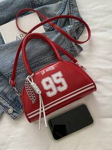 Bolsa de ombro esportiva retrô, bolsa tote de moda coreana, mochila minimalista grande para o dia a dia com pingente. - Vermelho - Ver 5