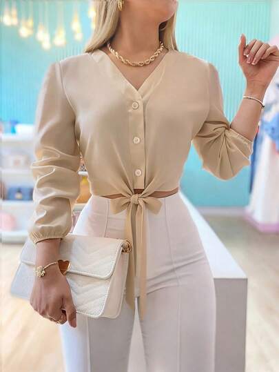 Blusa elegante y versátil con nudo delantero de unicolor para mujer, apta para uso casual diario, en el hogar, para ir al trabajo y en citas, primavera