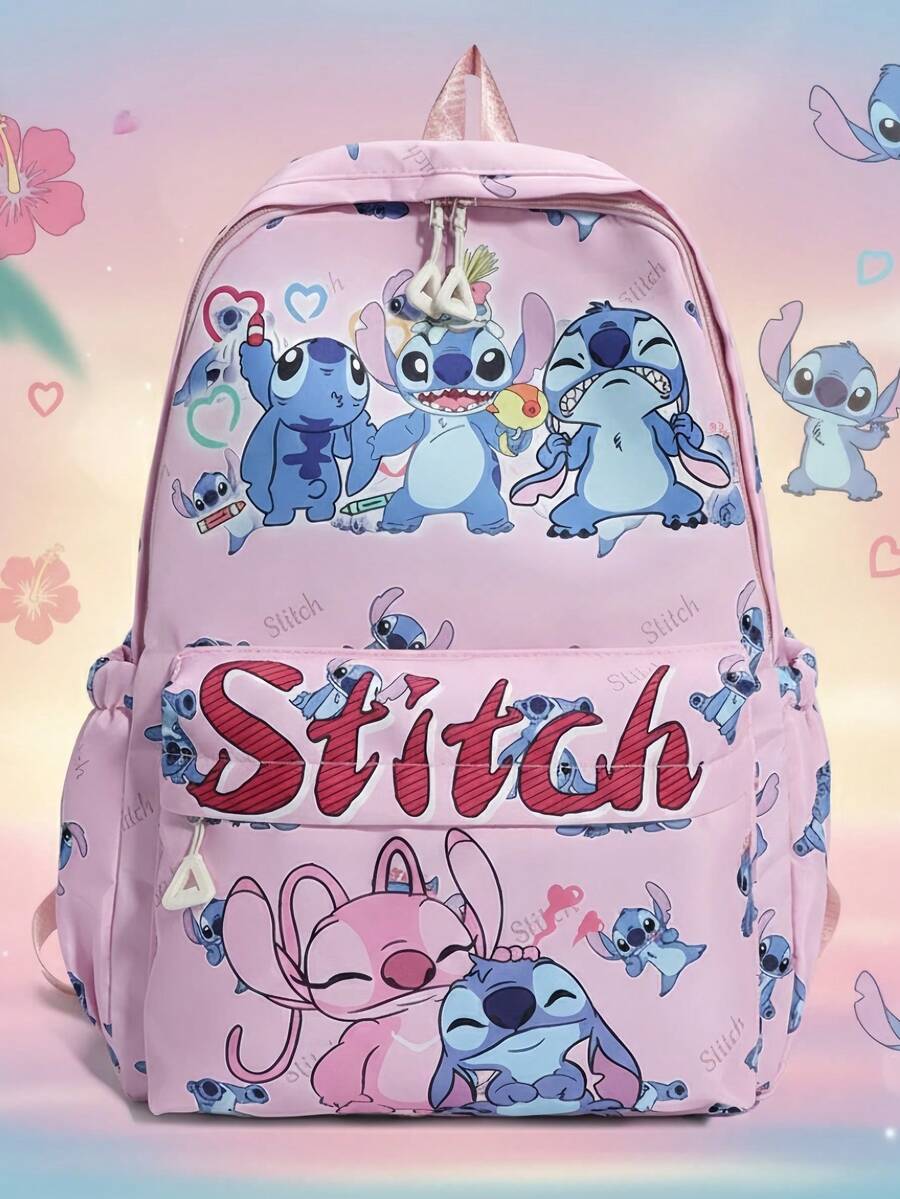 Stitch Pattern Backpack, Ideal For Students And Travelers - Bright Pink Multi-Compartment Everyday Backpack Adorned With Lilo And Stitch Patterns - Large Capacity Backpack With Side And Front Pockets - Ergonomic And Comfortable Shoulder Design, Perfect For School - Also Suitable For Outdoor Leisure - Multicolor - View 1
