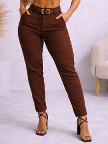 Women's Tailored Dress Pants With Elegant Belt And Buckle, Skinny Style, High Waist. - 鏽棕色 - 查看 1