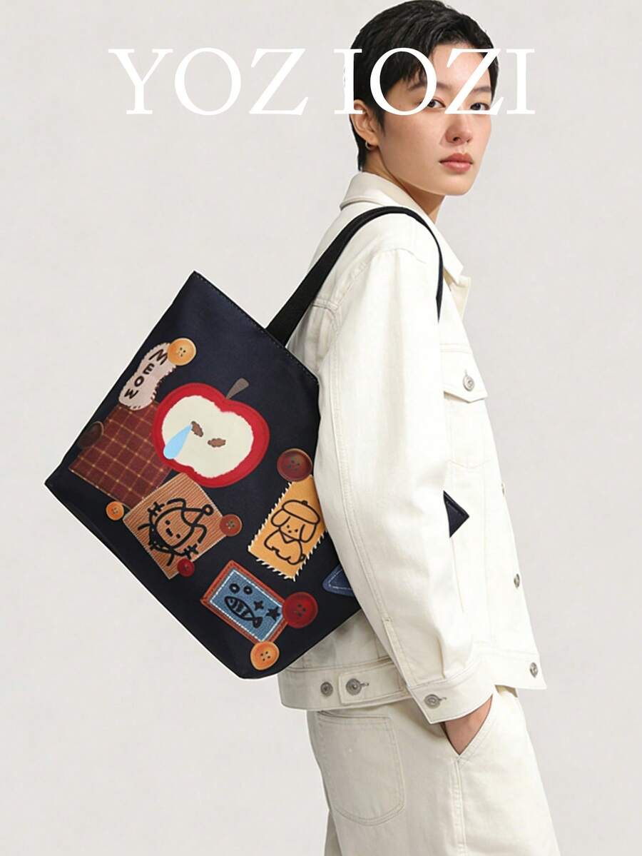 Navy Blue Denim Apple Cartoon Canvas Tote Bag, Large Capacity For College Students, Work Commute, School, Suitable For University - Navy Blue - View 1