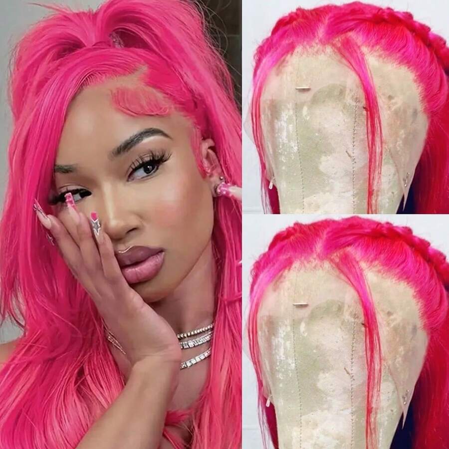 13X4 Gorgeous Neon Green Hair Synthetic Lace Front Wigs 28 Inch Pre Plucked Long Straight Hair Wigs Glueless Halloween Wigs Heat Resistant Fluorescent Green Straight Lace Front Wigs For Fashion Women For Daily Christmas Party Cosplay Use - 玫紅色 - 查看 1
