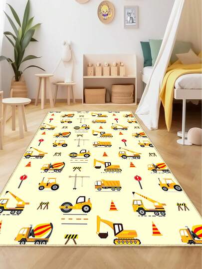 1 szt. Dywan dla dzieci z koparką, z nadrukiem w kształcie ciężarówki budowlanej, miękka, antypoślizgowa, zmywalna mata do zabawy dla chłopca, 120 x 180 cm