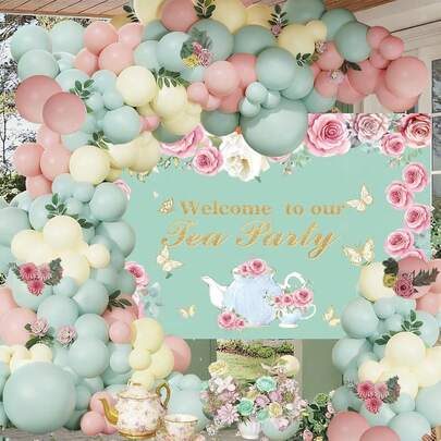 121pcs Tea Party Theme Balloon Arch Kit, Including Green, Pink And Yellow Latex Balloons. Ideal For Birthday Party, Garden Party, Bridal Shower, Afternoon Tea And Spring Garden Tea Party Decor.