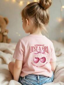 女童休闲趣味印花圆领短袖T恤，夏季上衣 - 粉色 - 查看 6