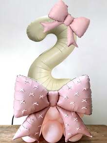 43pcs Birthday Theme 0-9 Number Balloon Set, 40-Inch Cream Color Number Foil Balloons, Pink Bow Balloons, Pink Latex Balloons, Bow Ribbon Accessories Suitable For Birthday Party, Anniversary Decoration - Birthday Suit - View 2