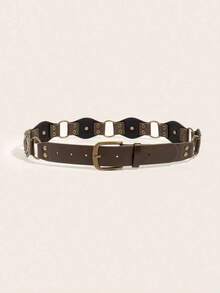 1pc Women's Bohemian Style Brown Patchwork Retro Metal Buckle Belt, Suitable For Dresses, Jeans, Music Festival & Commute Outfits Fall, Autumn, Halloween - 棕色拼布腰帶 - 查看 11