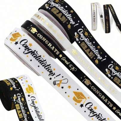 1/4 Roll Black/White Satin Ribbon, Graduation Congratulations, Suitable For Graduation Gift Packaging, Bouquet Wrapping, Packaging Decoration, Graduation Gift, Length 4.5m (14.76ft)