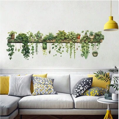 نباتات خضراء، أوراق الأفرع الخضراء، سلال معلقة، غرفة النوم، غرفة المعيشة، تجميل الحائط، ديكور، ملصقات حائط المنزل، جداريات خضراء للمكتب