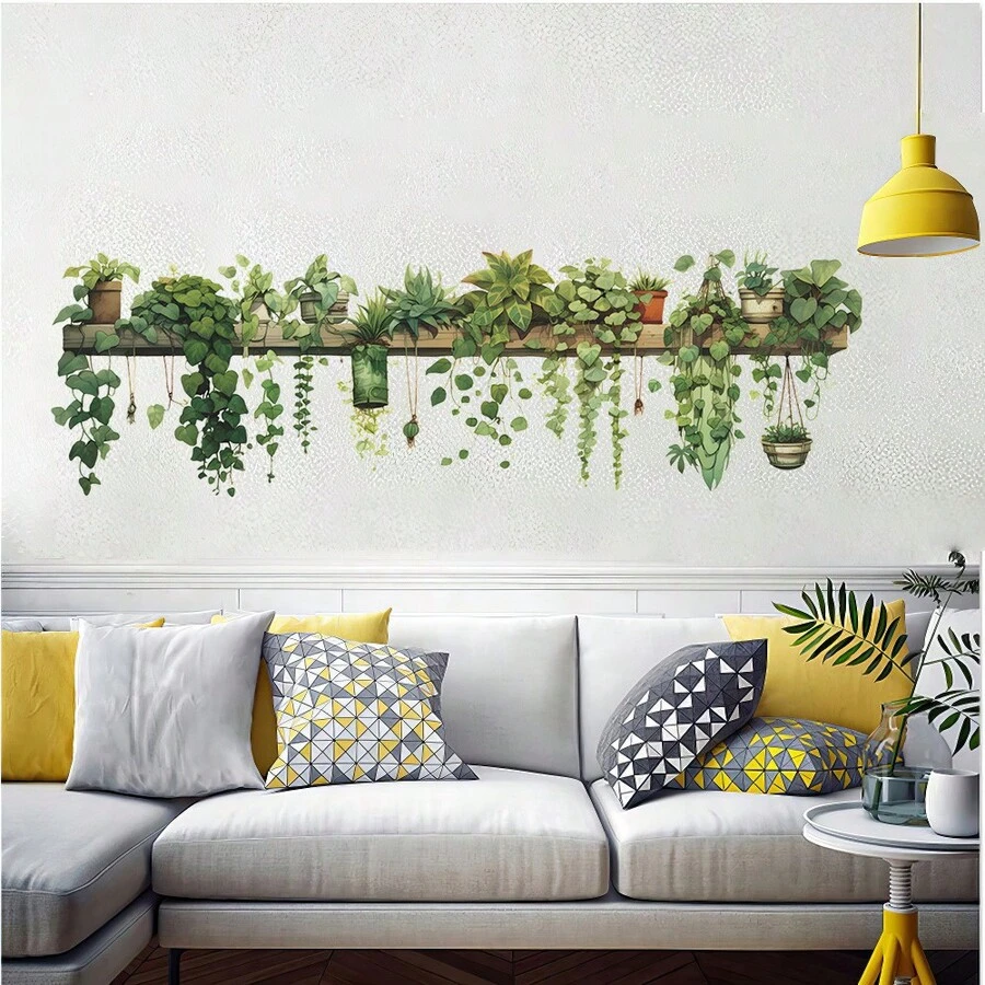 Cây xanh, lá thường xuân xanh, giỏ hoa treo, phòng ngủ, phòng khách, trang trí tường, trang trí nhà, nhãn dán tường nhà, tranh tường xanh văn phòng - A - Xem 1