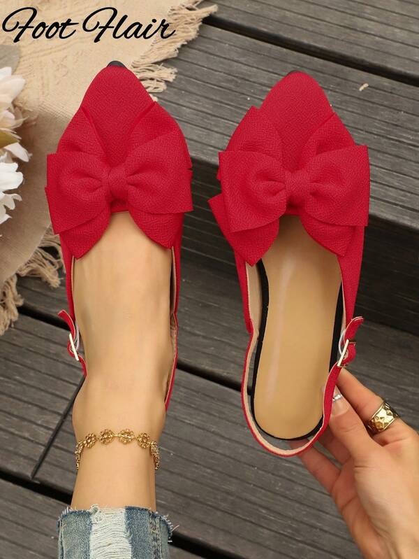 Red Backstrap Mule Flats, Pointed Toe Bow Decor Loafers, New Spring/Autumn Office Commute Elegant Versatile Hollow Design Women Flat Shoes