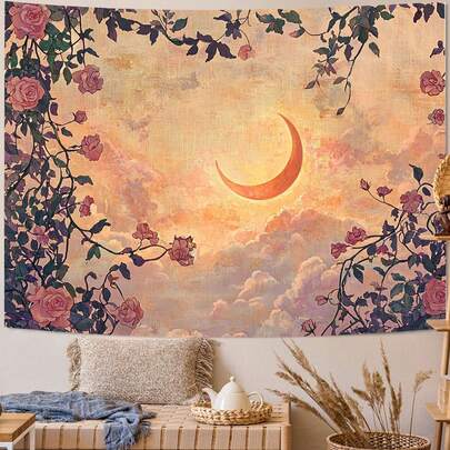 1 Tấm thảm treo tường họa tiết Mặt Trời và Mặt Trăng – Phong cách Bohemian cổ điển với hình ảnh hoa hồng và bầu trời nhiều mây dưới ánh trăng | Món quà tuyệt vời cho mùa lễ hội | Hoàn hảo để trang trí nhà cửa, phòng ngủ hoặc tiệc tùng trong phòng khách, phòng ngủ và văn phòng.