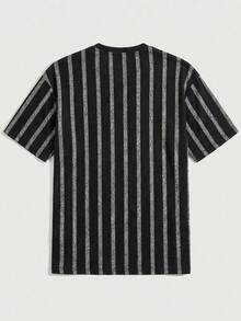 Men's Fashion Black & White Vertical Striped Loose Casual Short Sleeve T-Shirt - Black - View 4