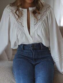 Look Polly 女士春夏法式柔和纹理棉质镂空蕾丝花边荷叶边泡泡袖衬衫白色休闲度假装 - 白色 - 查看 8