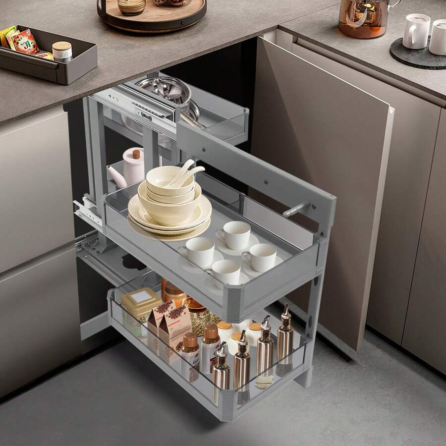 Blind Corner Cabinet Organizer, Blind Corner Cabinet Pull-Out Organizer, Corner Pull Out Organizer - Dark Grey - View 1