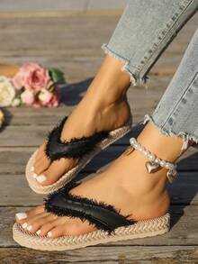 planare Sandalias planas de verano de mujer con suela de EVA tejida, de color beige y negro, adecuadas para uso diario, vacaciones y atuendos de oficina - Negro - Ver 2