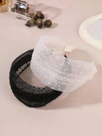 1Pc Black & White Polka Dot Tulle Headband, Vintage Korean-Style Wide Hair Accessory, Daily/Commute/Date Outfit Coordinating Hairpiece