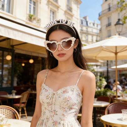 1副准新娘闪亮珍珠心形时尚眼镜 - 永恒风格，甜美公主气质，派对氛围，精致高端装饰，适合单身派对、婚礼、订婚、蜜月、街拍、人像拍摄，适合所有脸型的完美礼物
