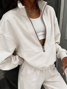 Women's Two-Piece Thin Hoodie Sports Street Casual Fashion Set For Women, Spring Women's Outdoor Comfort Set, Women's Thin Half Neck Zipper Hoodie, Women's Casual Outdoor Pants - 白色 - 查看 7