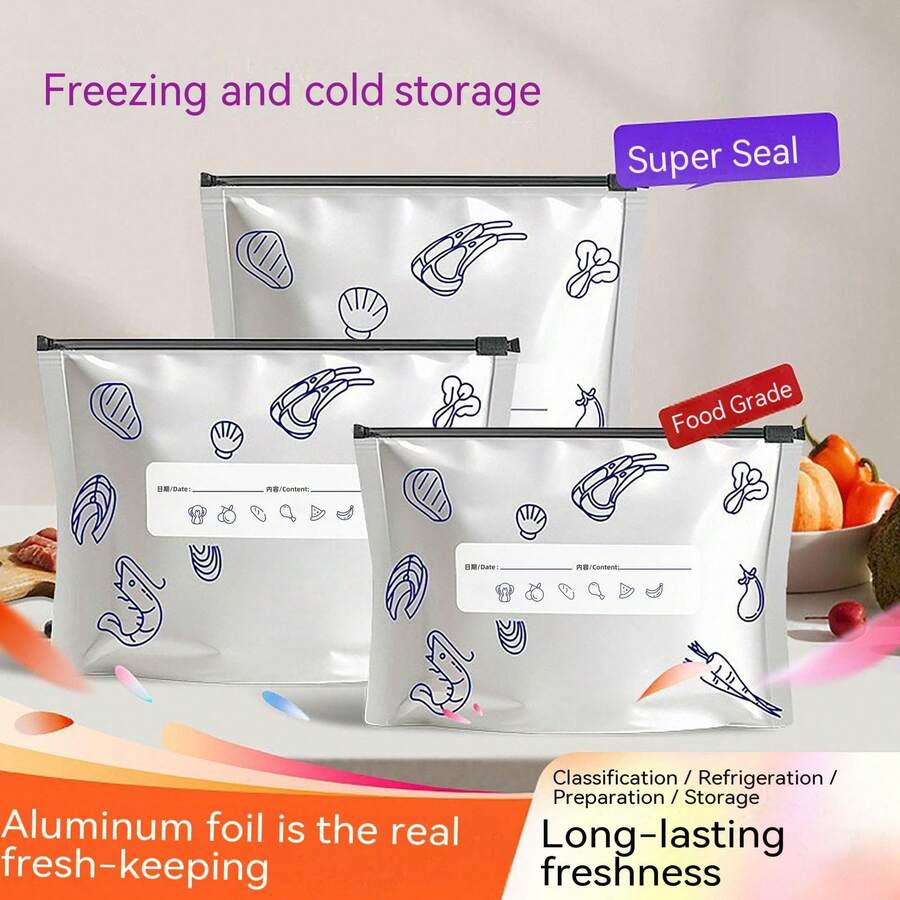 45个装可重复使用的铝箔食品保鲜袋 - 抗菌铝箔食品保鲜袋，带拉链封口，厨房必备食品分装和保鲜袋。铝箔袋可有效整理和保存冷冻食品。