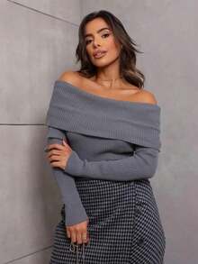 Blusa tricot canelada ombro a ombro manga longa moda tricô - Cinza - Visão 2