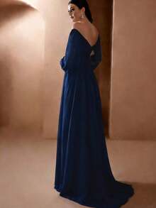 Women's Solid Color Off Shoulder Lantern Sleeve Casual Wedding Dress Spring White - Navy Blue - View 4