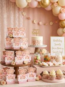 12pcs Cute Bear Cupcake Candy Boxes, Suitable For Baby Shower, Newborn Birthday Gift Packaging, Gender Reveal Party Favor Boxes (With Ribbons) - Multicolor - View 3