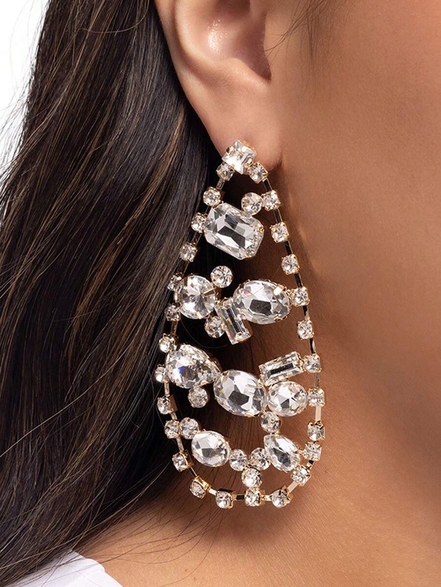 2 đôi bông tai hình giọt nước cách điệu mới, bông tai đính đá rỗng, phụ kiện thời trang dành cho nữ. - Vàng - Xem 1