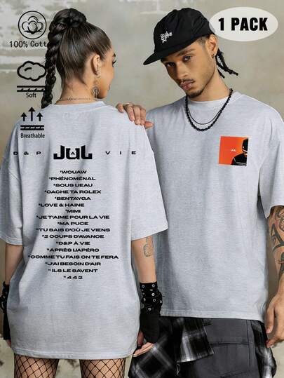 T-shirt gris unisexe 100 % coton, imprimé rappeur français, idéal printemps/été, style sport toutes saisons, élégant, doux et respirant, manches courtes, disponible en grandes tailles.