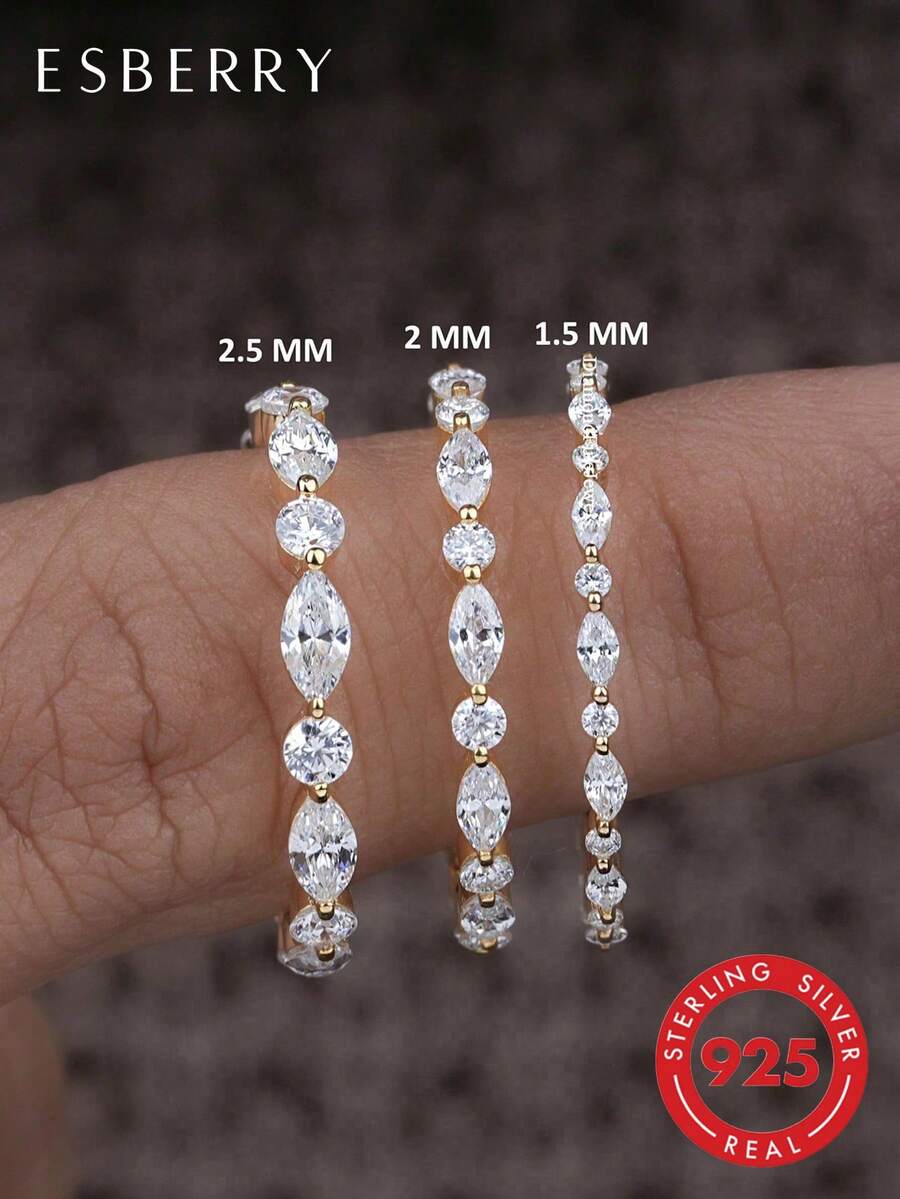 ESBERRY 1 chiếc nhẫn cưới hình mắt ngựa và cắt tròn, kích thước 1.5mm-2.5mm, kiểu nửa vòng vĩnh cửu, nhẫn cưới đính đá nửa viền, kiểu cài một chấu.