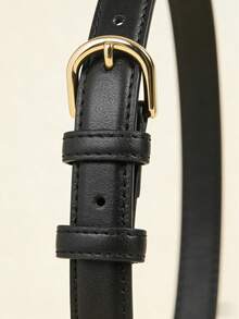 女士极简黑色PU皮革腰带，细金色扣环，适合搭配牛仔裤和连衣裙 - 黑色 - 查看 3