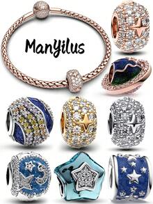 Bộ hạt charm Manyilus bằng bạc Sterling 925 hình bầu trời sao và mặt trăng, đính đá Cubic Zirconia và men, phù hợp với vòng tay hoặc dây chuyền nguyên bản, món quà trang sức đeo hàng ngày dành cho phụ nữ. - Nhiều màu - Xem 1