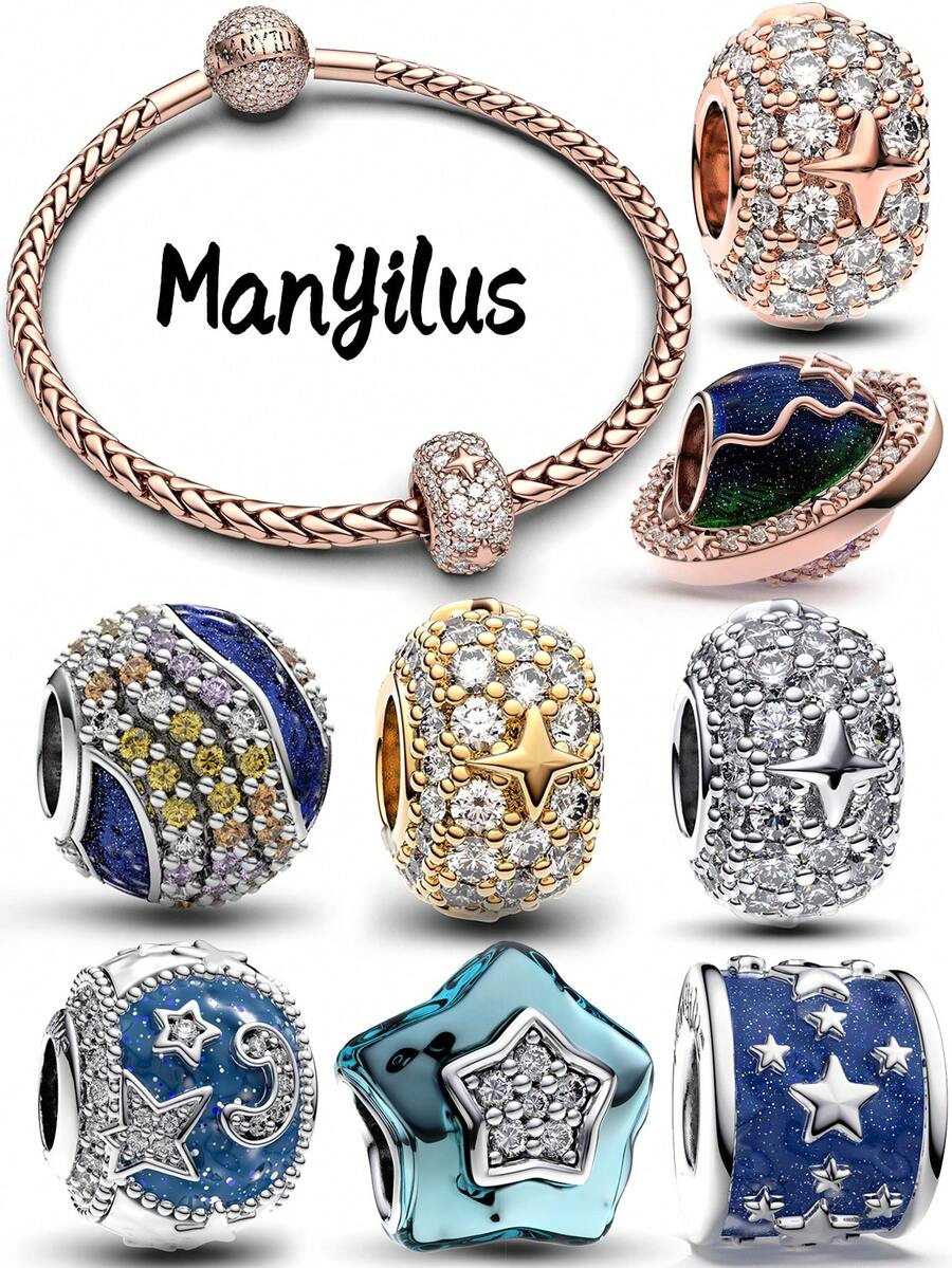 Bộ hạt charm Manyilus bằng bạc Sterling 925 hình bầu trời sao và mặt trăng, đính đá Cubic Zirconia và men, phù hợp với vòng tay hoặc dây chuyền nguyên bản, món quà trang sức đeo hàng ngày dành cho phụ nữ. - Nhiều màu - Xem 1