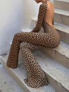 DOUCIU 豹纹圆领长袖修身露背性感连体裤（女款） - 棕色 - 查看 5