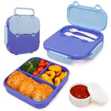 Caperci Caja bento clásica - Caja de almuerzo a prueba de fugas con 3 compartimentos, contenedor de aperitivos con tenedor, cuchara y taza pequeña para salsa, asa portátil, resistente a caídas, apta para microondas y lavavajillas - Multicolor - Ver 2