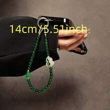 A Short Mobile Phone Wristband, Featuring A Chinese Style Green Gourd And Diamond Beads, Can Be Used As A Car Keychain Or Bag Pendant - 綠色 - 查看 2