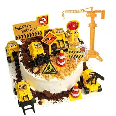 Bộ trang trí bánh kem chủ đề xây dựng 18 món, bao gồm máy xúc, cần cẩu tháp, phụ kiện trang trí bánh cupcake, biển báo giao thông và biển báo đường bộ, thích hợp cho tiệc sinh nhật, lý tưởng cho việc trang trí bánh sinh nhật theo chủ đề ô tô.