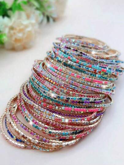 1/6/10/20/30/60pcs Ultra-Thin Stackable Sparkling Crystal Rhinestone Bangle Bracelets, Sweet Multi-Color Elastic Versatile Jewelry Gift For Women, Suitable For Daily Wear, Holidays, Valentine's Day, Parties