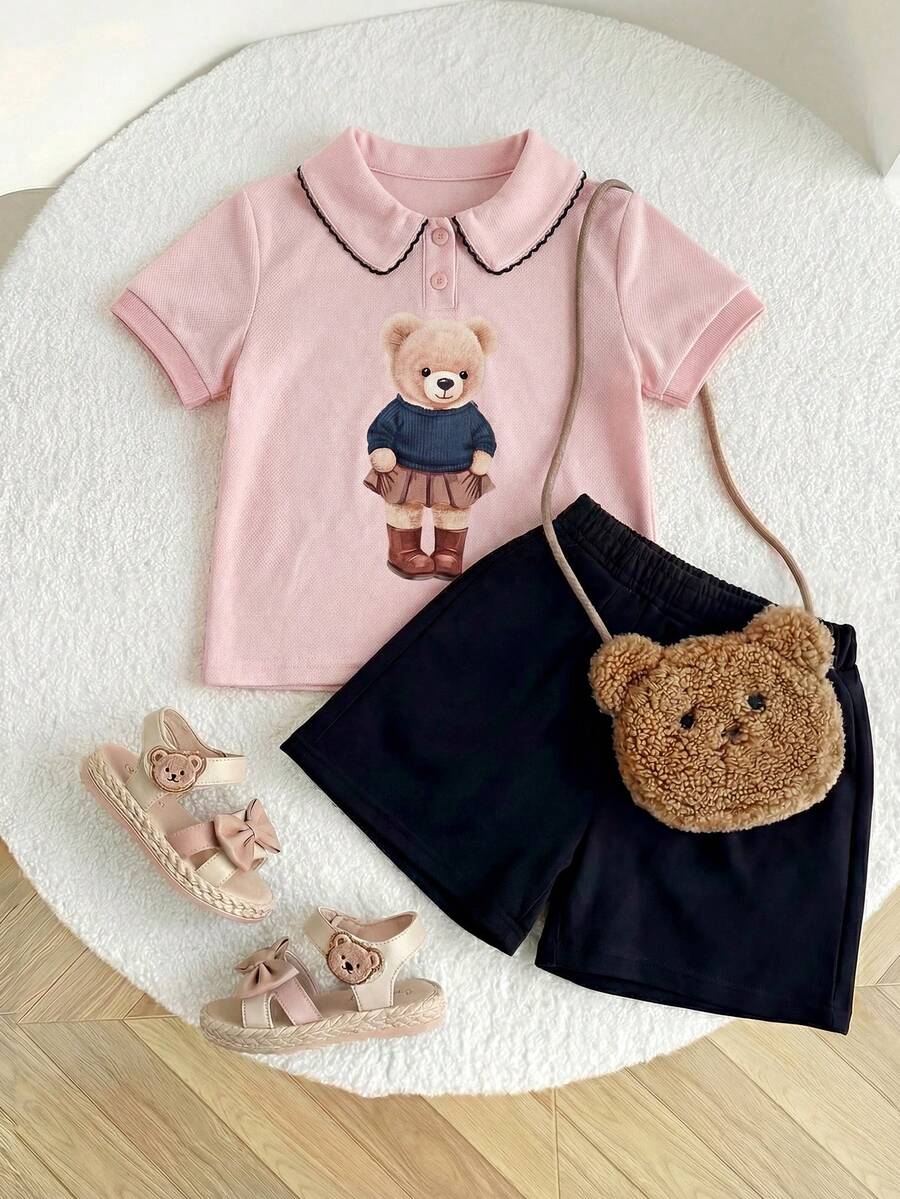 2pcs/Set Toddler Girls' School Style Bear Print Polo Collar Short Sleeve T-Shirt And Black Shorts Set - Pink - View 1